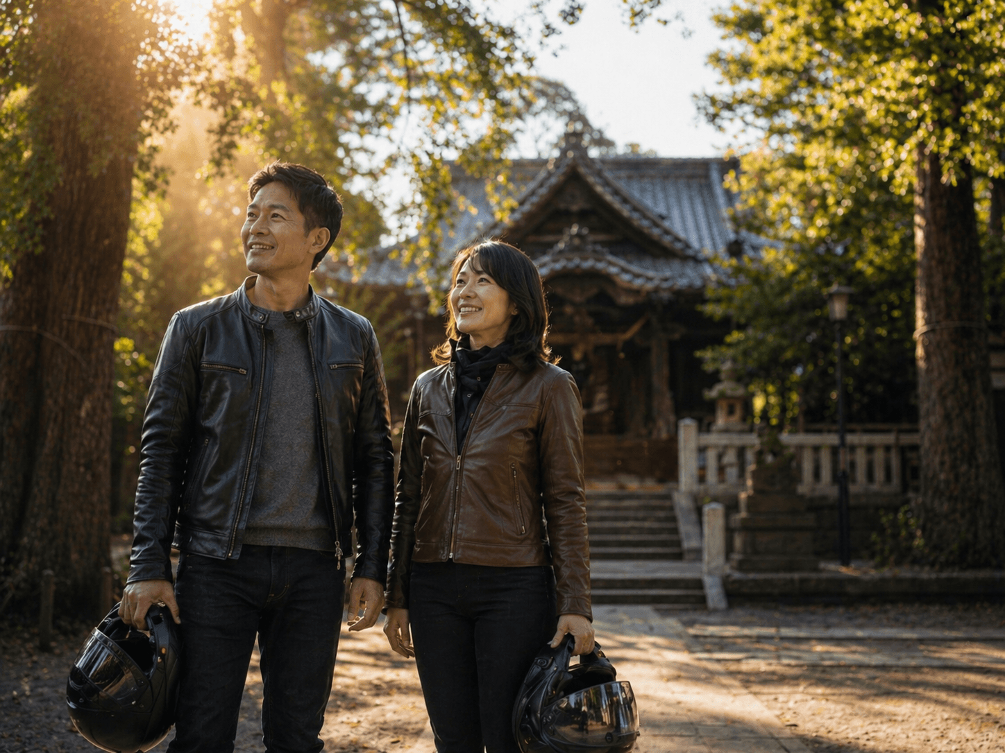 亀岡八幡宮でヘルメットを持つライダーカップル